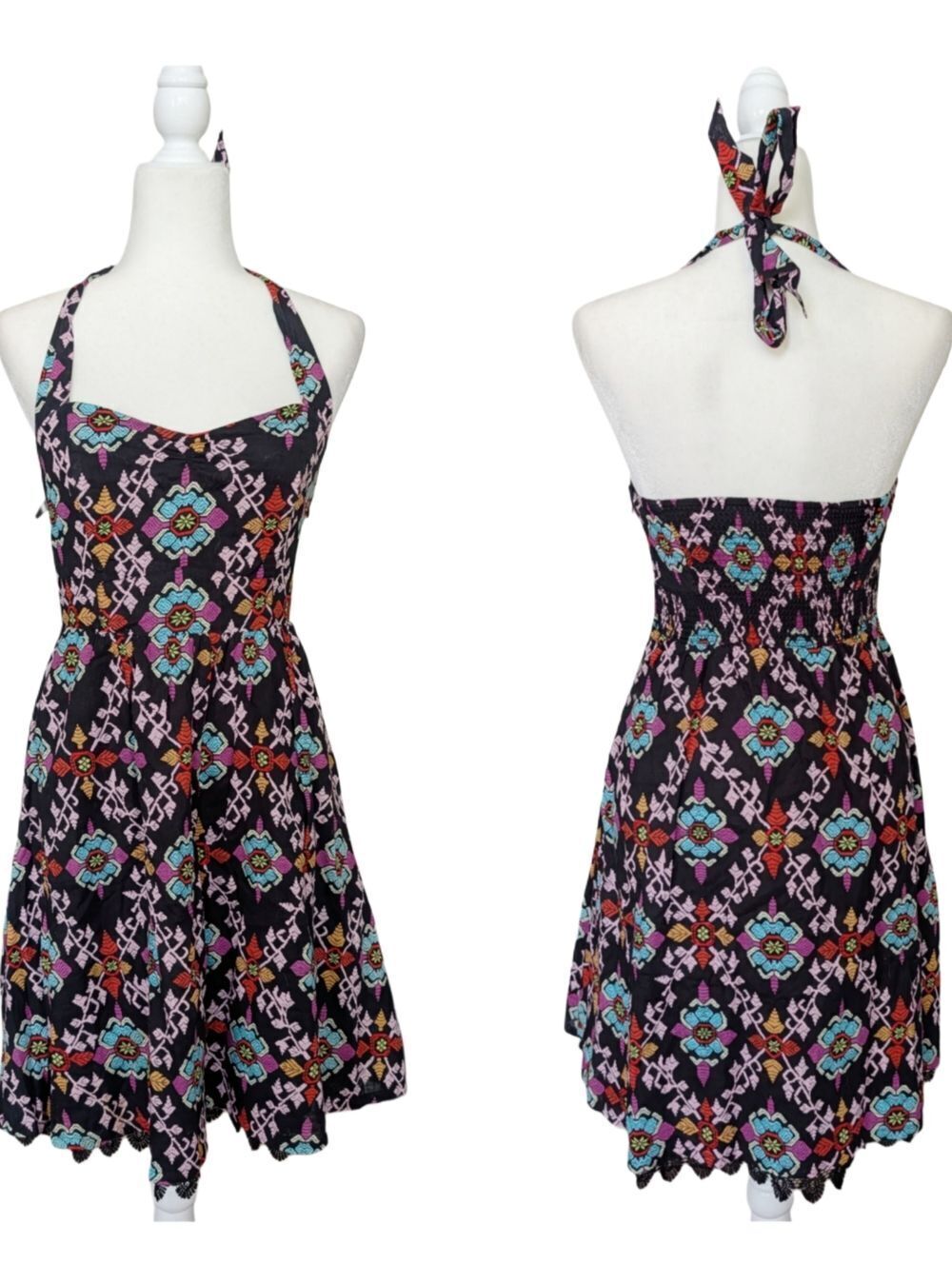 Anthropologie Edme Esyllte Primula Black Geometric Print Halter Sundress Size 2
